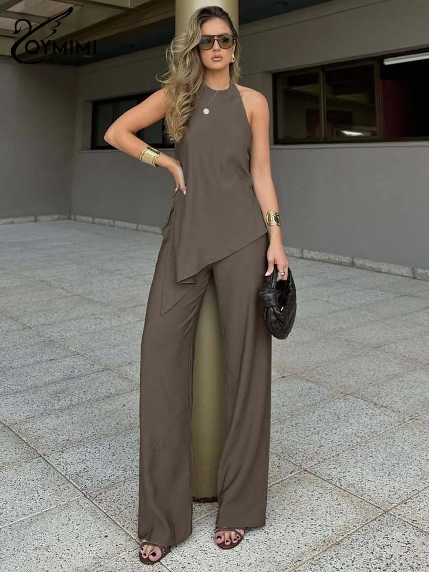 Oymimi Fashion Khaki 2 Piece Sets Woman Outfit Elegant Halter Neck Sleeveless Side Slit Blouses And High Waisted Trousers Sets