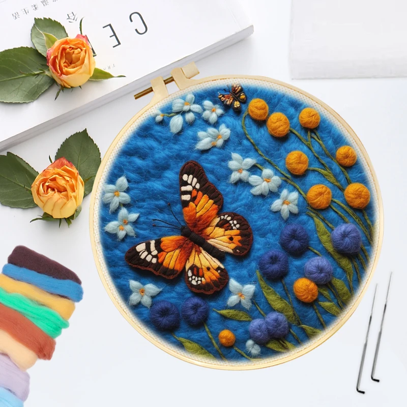 CHENISTORY Wool Felting Painting Butterfly Diy Wool Embroidery Kit Funny Wool Needle Felt Picture Blue Flower Kit Craft For Mom