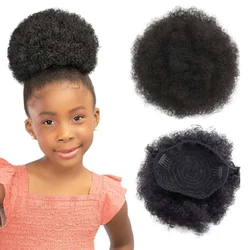 Kids Hair Puff Natural Black Human Hair Afro Puff Drawstring Ponytail for Girls Black Women 4 Inch Kinky Curly Hair Updo Chigno