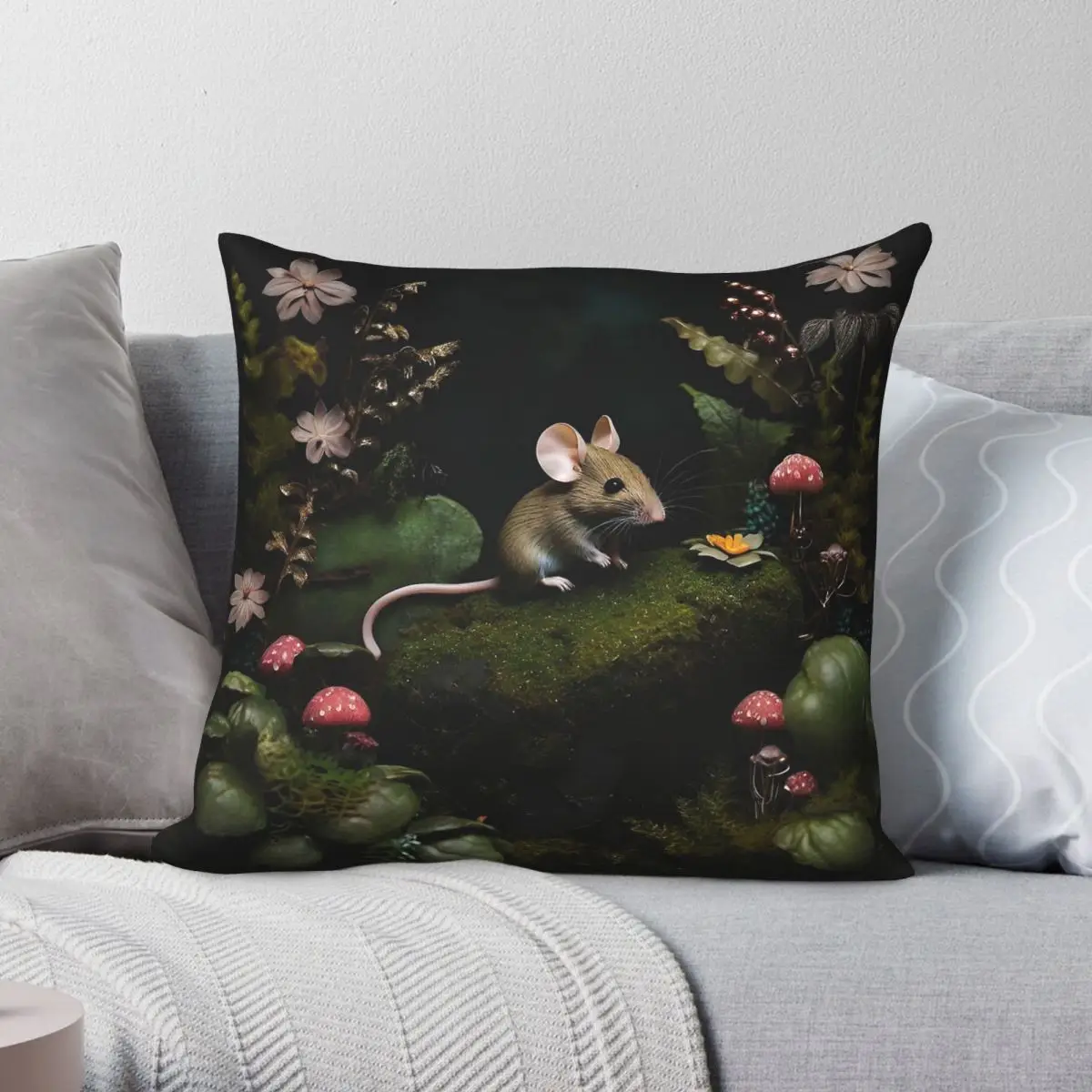 Enchanted Forest Mouse Square Pillowcase Polyester Linen Velvet Pattern Zip Decor Pillow Case Room Cushion Cover 18