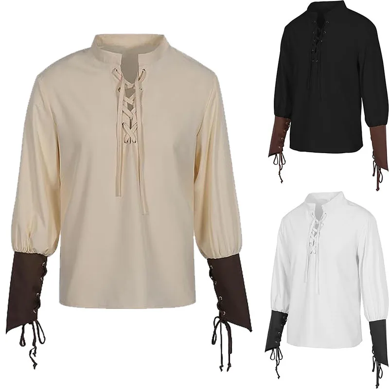 Disfraz Vikingo para hombre, Cosplay Medieval renacentista, camisa con cordones, Vintage, Steampunk, pirata, manga larga, disfraz de Top vikingo