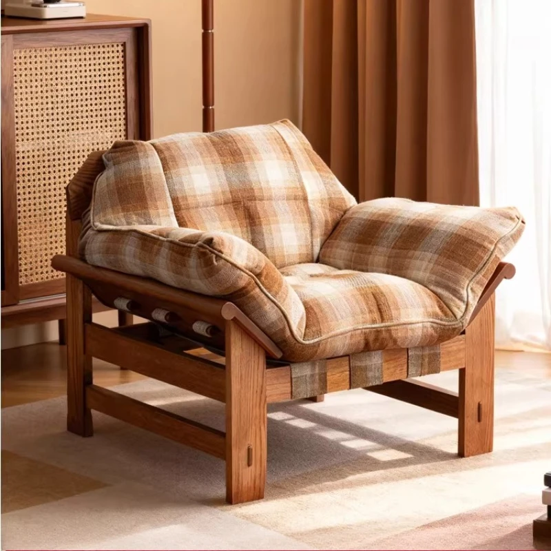 

antique retro solid wood fabric single sofa small apartment living room designer lazy leisure sofa