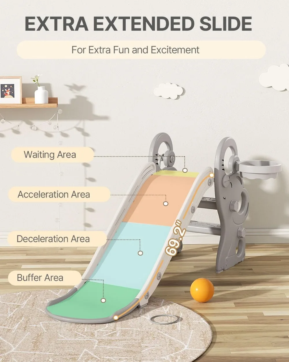 Corrediça dobrável para crianças com cesta de basquete e lançamento de anel, conjunto de jogos interno e externo para crianças de 1 a 3 anos