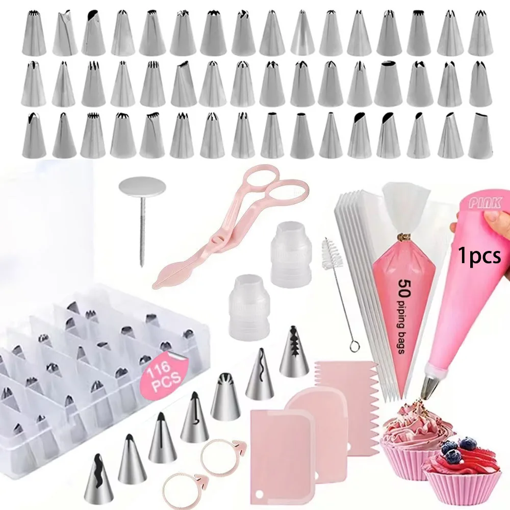 Kit de decoración de pasteles de 116 piezas con caja de almacenamiento, juego completo de herramientas para hornear con 48+7 puntas para tuberías, raspadores, bolsas y más para principiantes