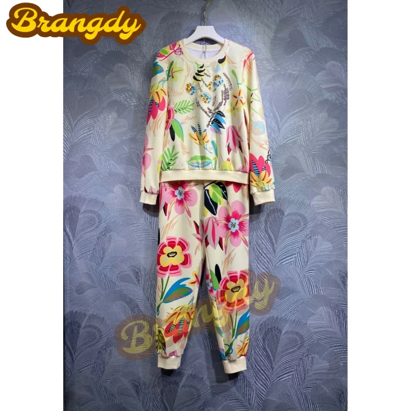

Brangdy Luxury 2023 Autumn New round Neck Printed Top with Trousers Suit