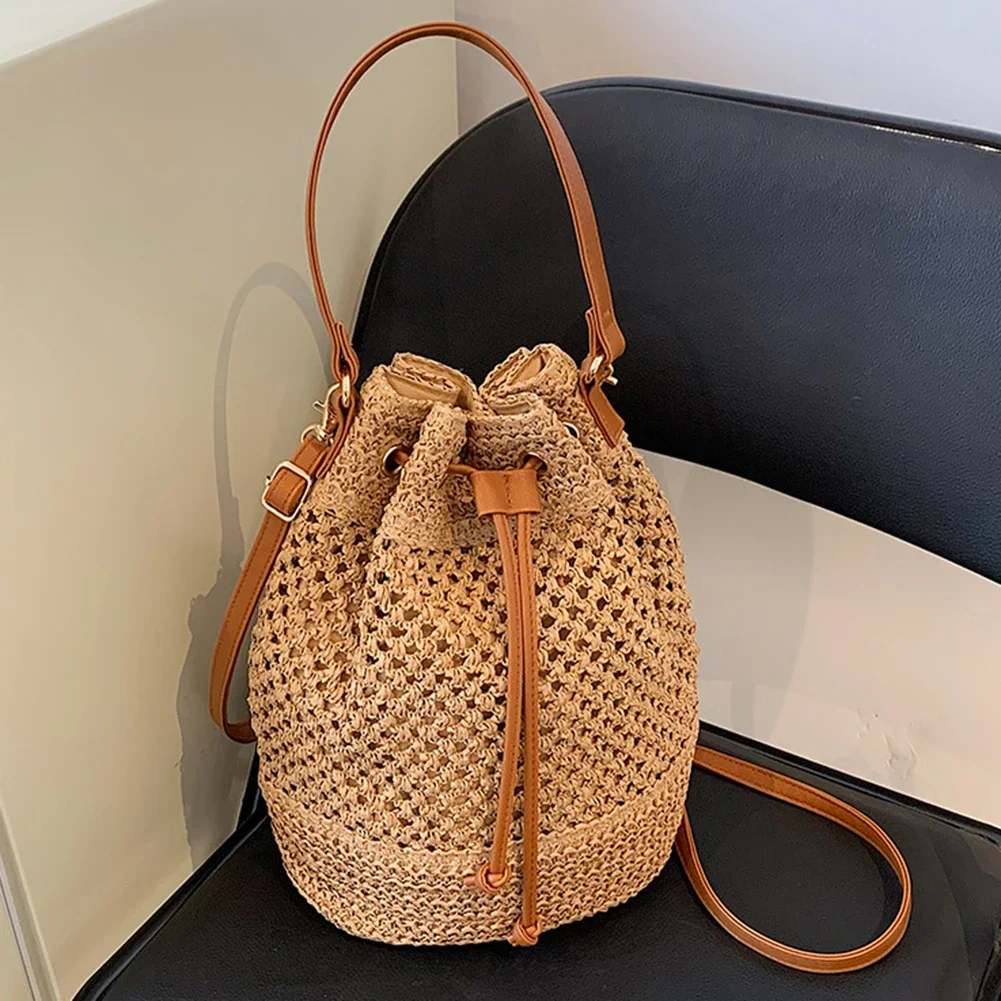 Letnie słomkowe torby na ramię damskie słomkowe torebki torebka wiadro Raffia plecione słomiane torebki na co dzień Boho torba Crossbody na plażę