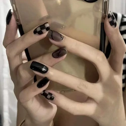 24Pcs Short Sweet Cool Girls Wearing Fake Nails Press On Nail  Acrylic Art Full Cover False Nails Tips Black Diamond Design Nail