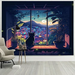 Window Cat Tapestry Landscape Background Hanging Cloth Cure Dream Wall Cloth Bedroom Living Room Bedside Decorative for Girls