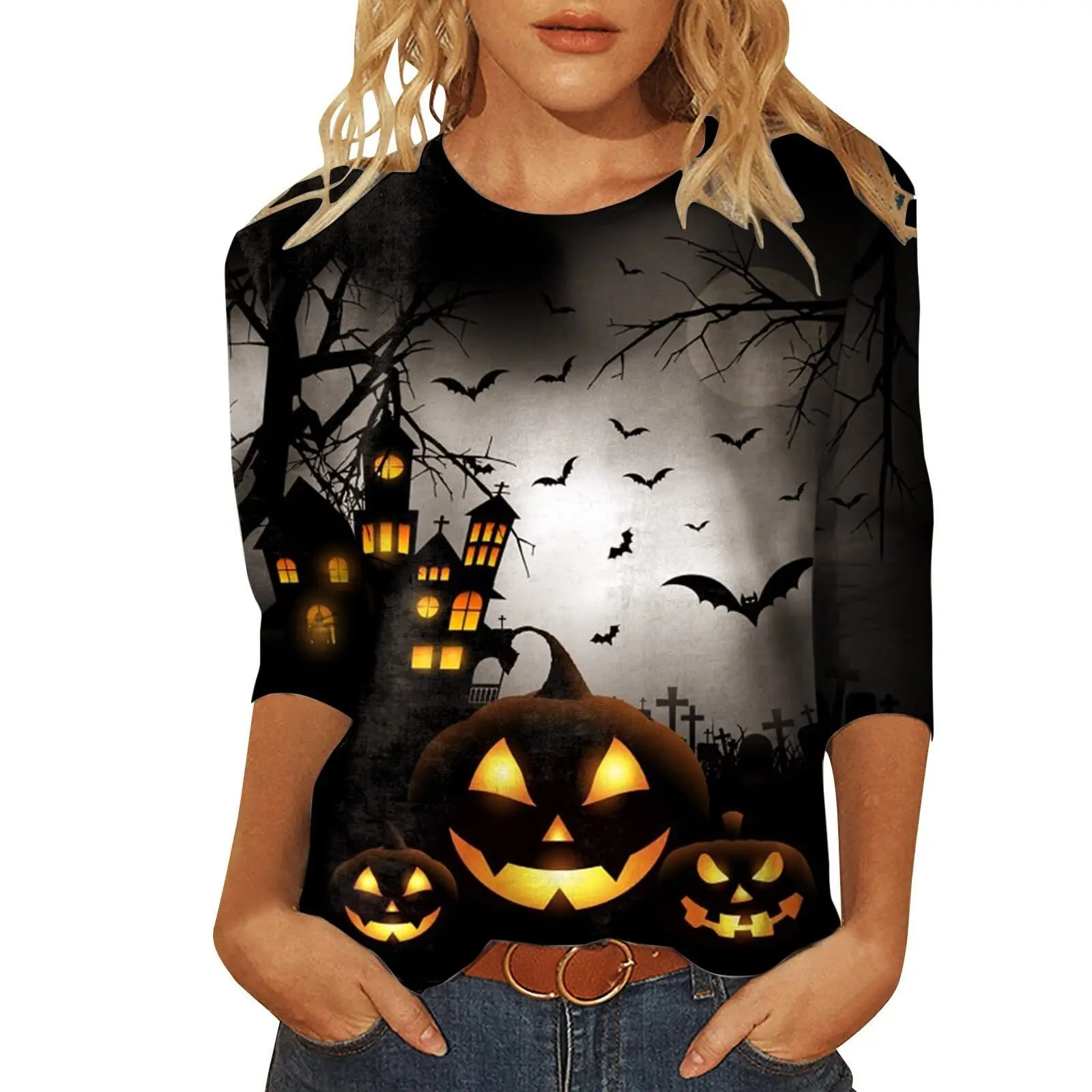 

Women's T-Shirt From Europe And America Cross Border Source, With 7/4 Sleeve Round Neck Comfortable Women's Halloween SeriesWA21