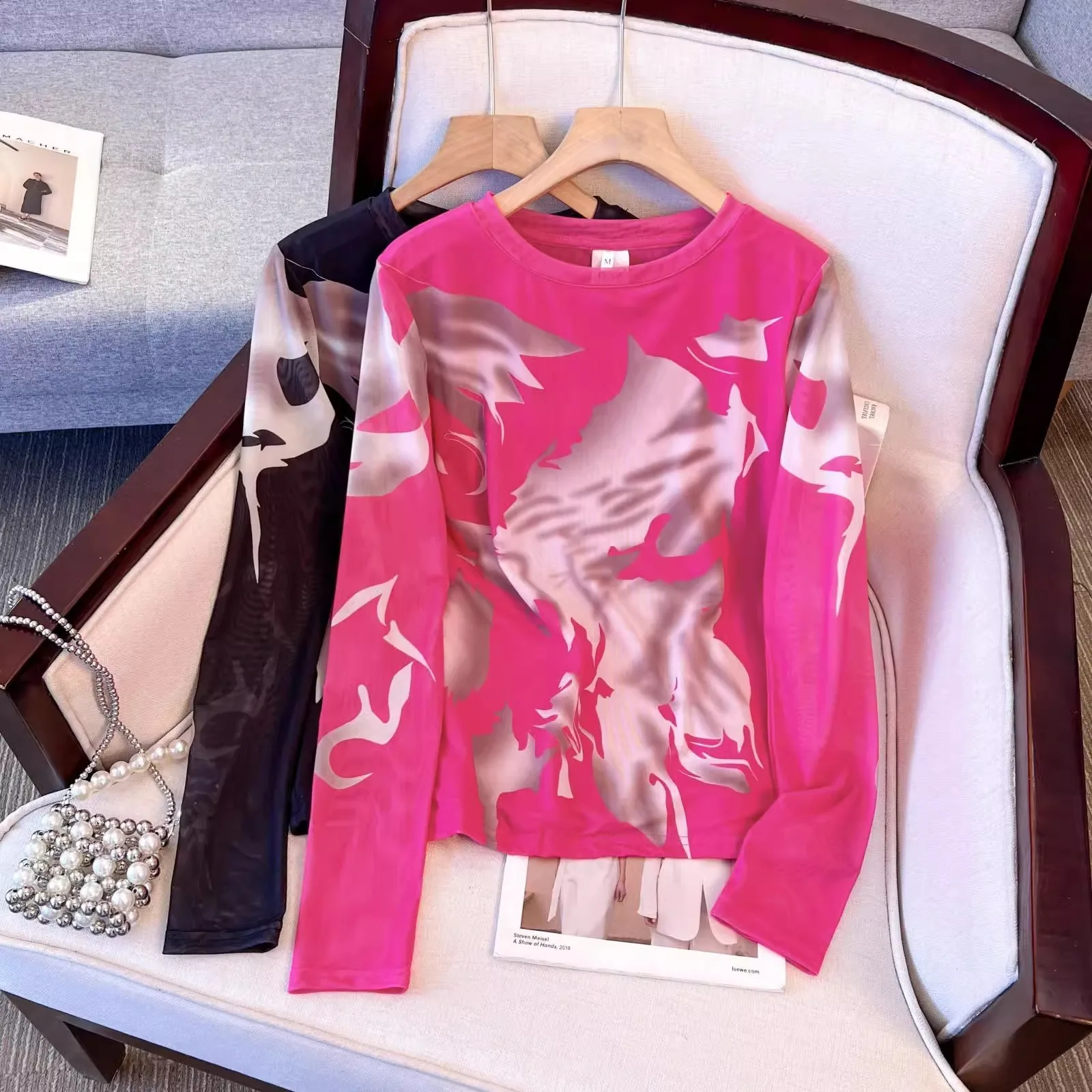 

Slim Fit round Ne Long Sve Me Base irt Women's Faion Brand Spring Autumn New Sle Casual Sle Printed Top