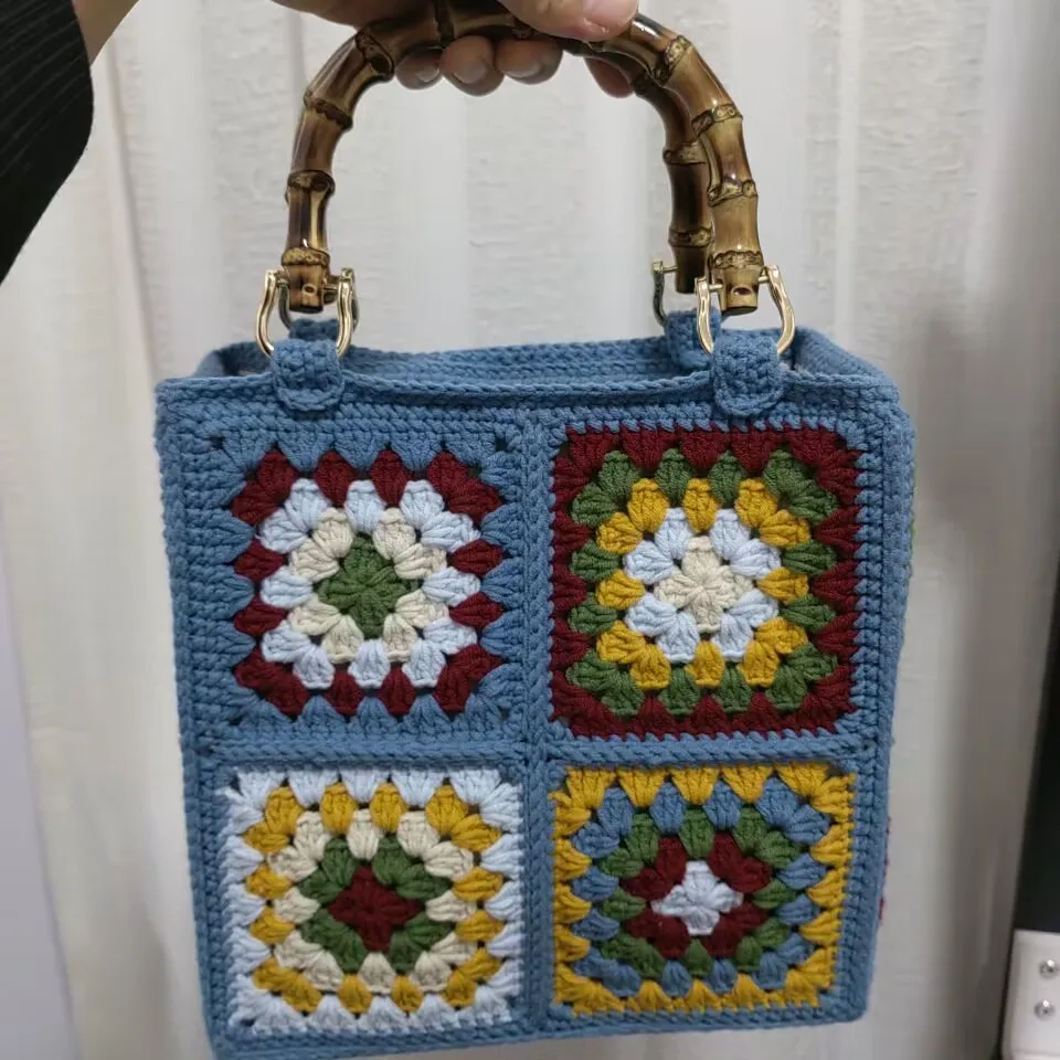 DIY Hand-crocheted Bamboo Handle Mesh Piece Portable Three-dimensional Vintage Knitting Bag