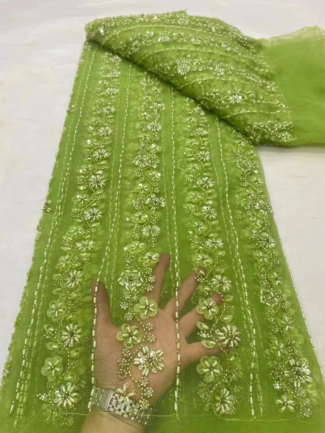 

High Quality Beaded Lace Fabric Luxury Sky Blue for Bridal Wedding Material with Sequins Tulle Lace Party Evening Dress Women