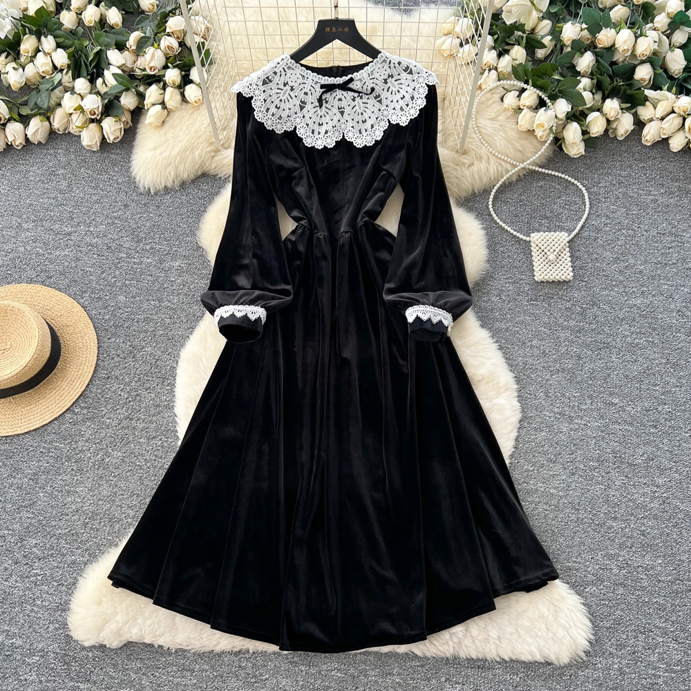 ชุดเดรสผ้ากำมะหยี่ลูกไม้แขนยาวทรงเข้ารูป สไตล์วินเทจสุดชิค หรูหราแบบแฟรี่ แฟชั่นเกาหลี สำหรับงานปาร์ตี้ฤดูใบไม้ร่วง เสื้อผ้าผู้หญิง