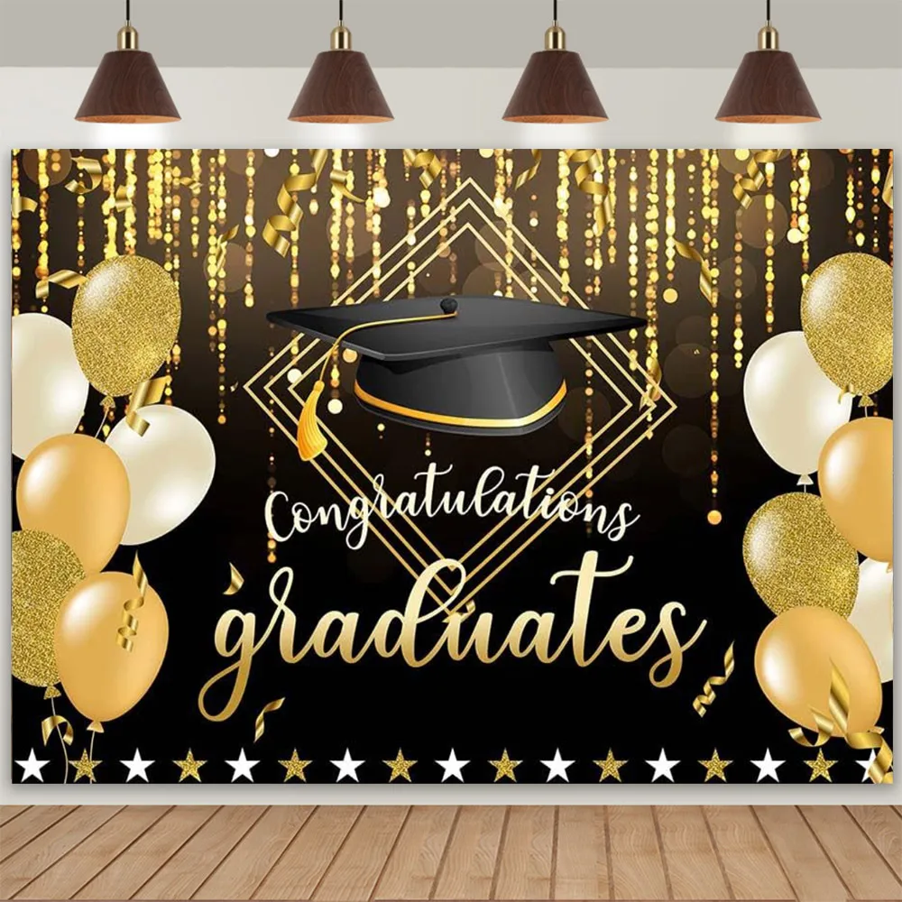 الخريجين التصوير خلفية تهنئة حفلة موسيقية الذهب الأسود بريق قبعة التخرج يمكن نص مخصص ملصق راية ديكور