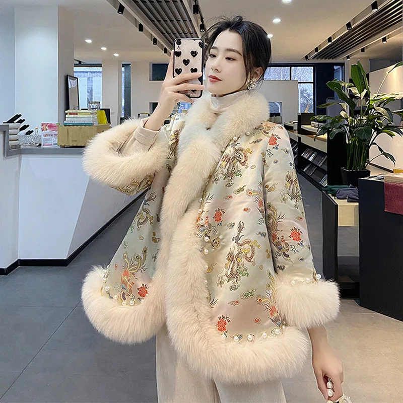 

Faux Fur Mid-length Patchwork Fur Flare Sleeve Chinese Style With Fox Fur Collar 2022 New Women Winter Warm Fur Coat