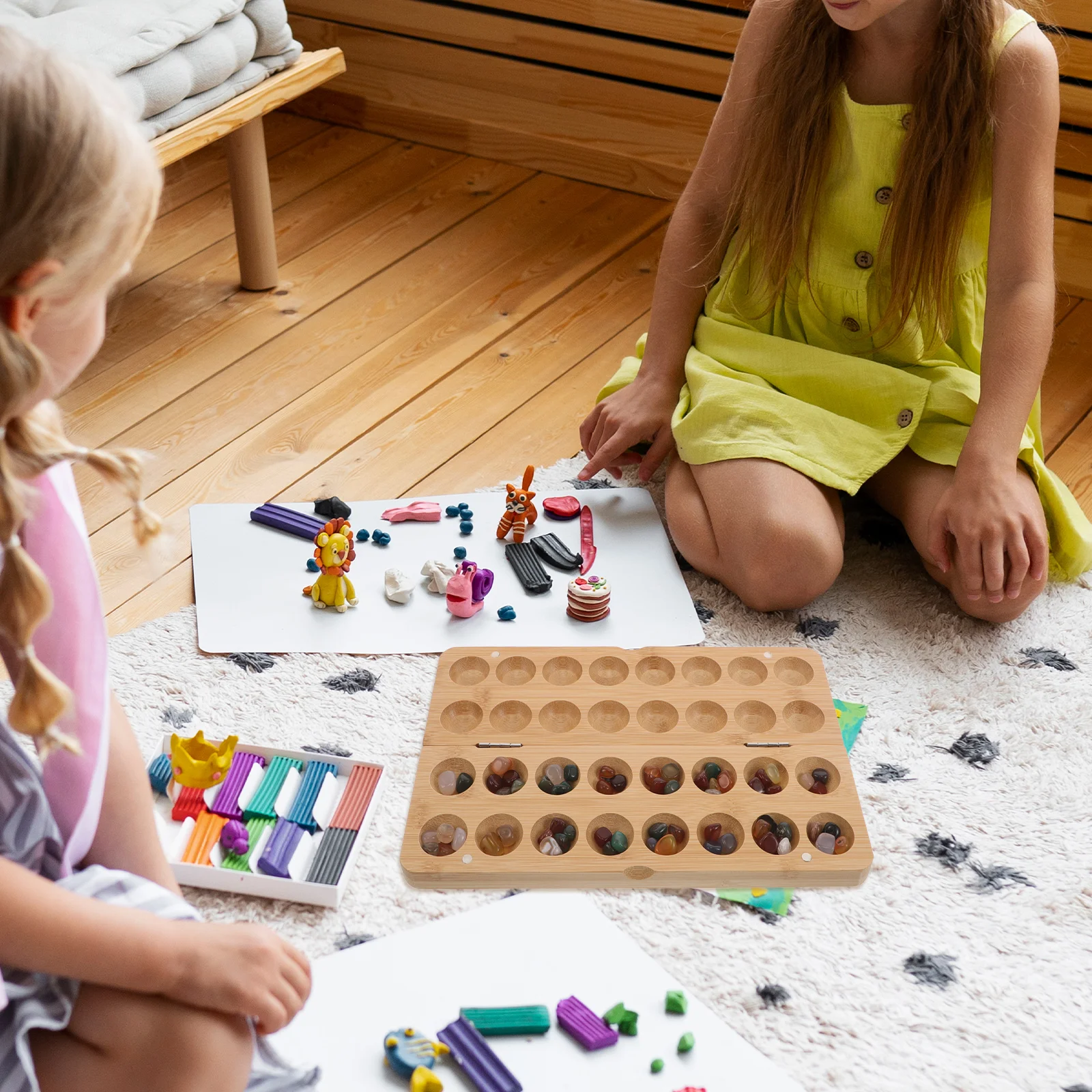 

1Set African Mancala Game Handmade Bamboo Chess Board with Stone Beads Educational Math Puzzle for Spatial Thinking