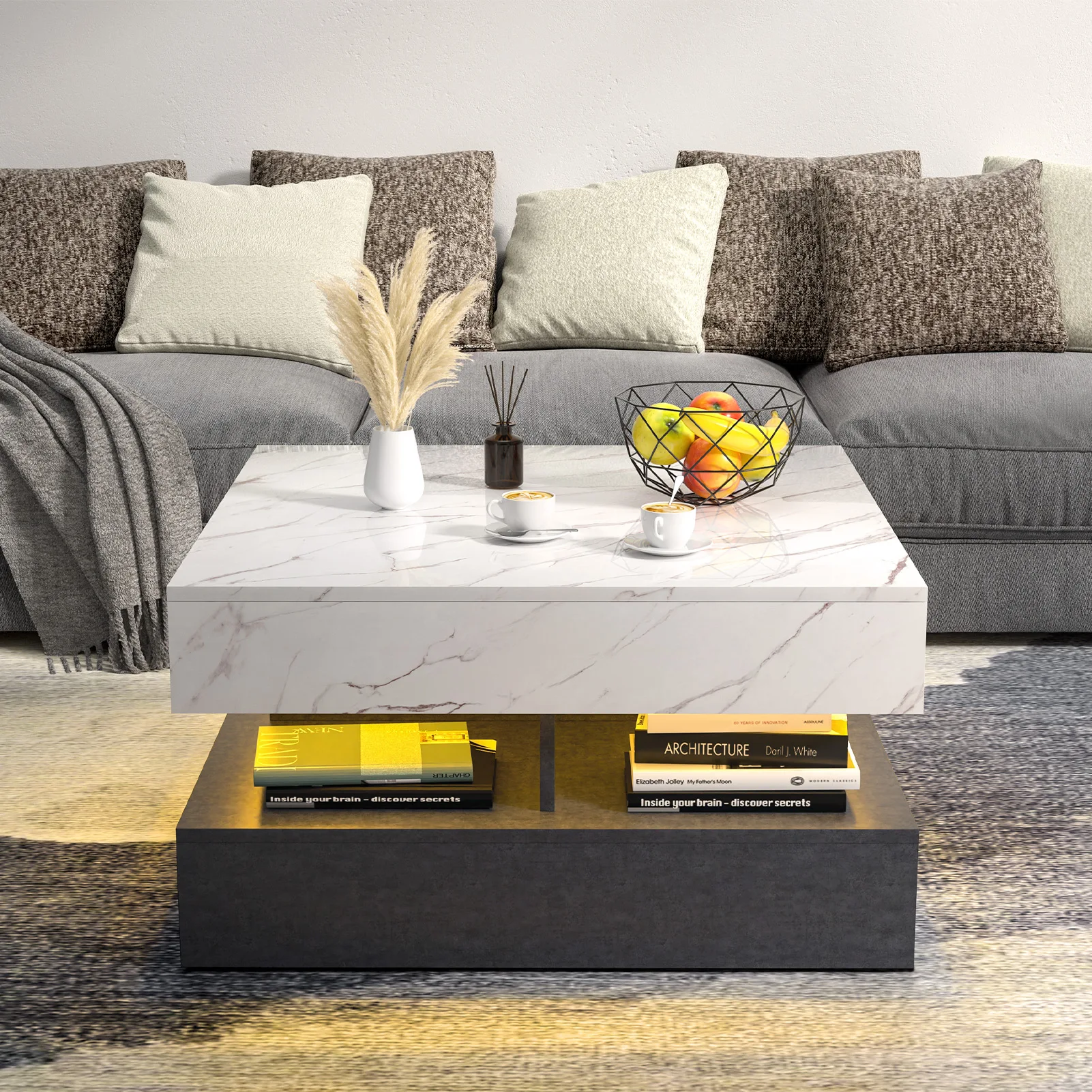 2-Tier Nordic Living Room Coffee Tables Modern Design Decor LED Square Coffee Tables Minimalist Home Furniture Center Table ﻿