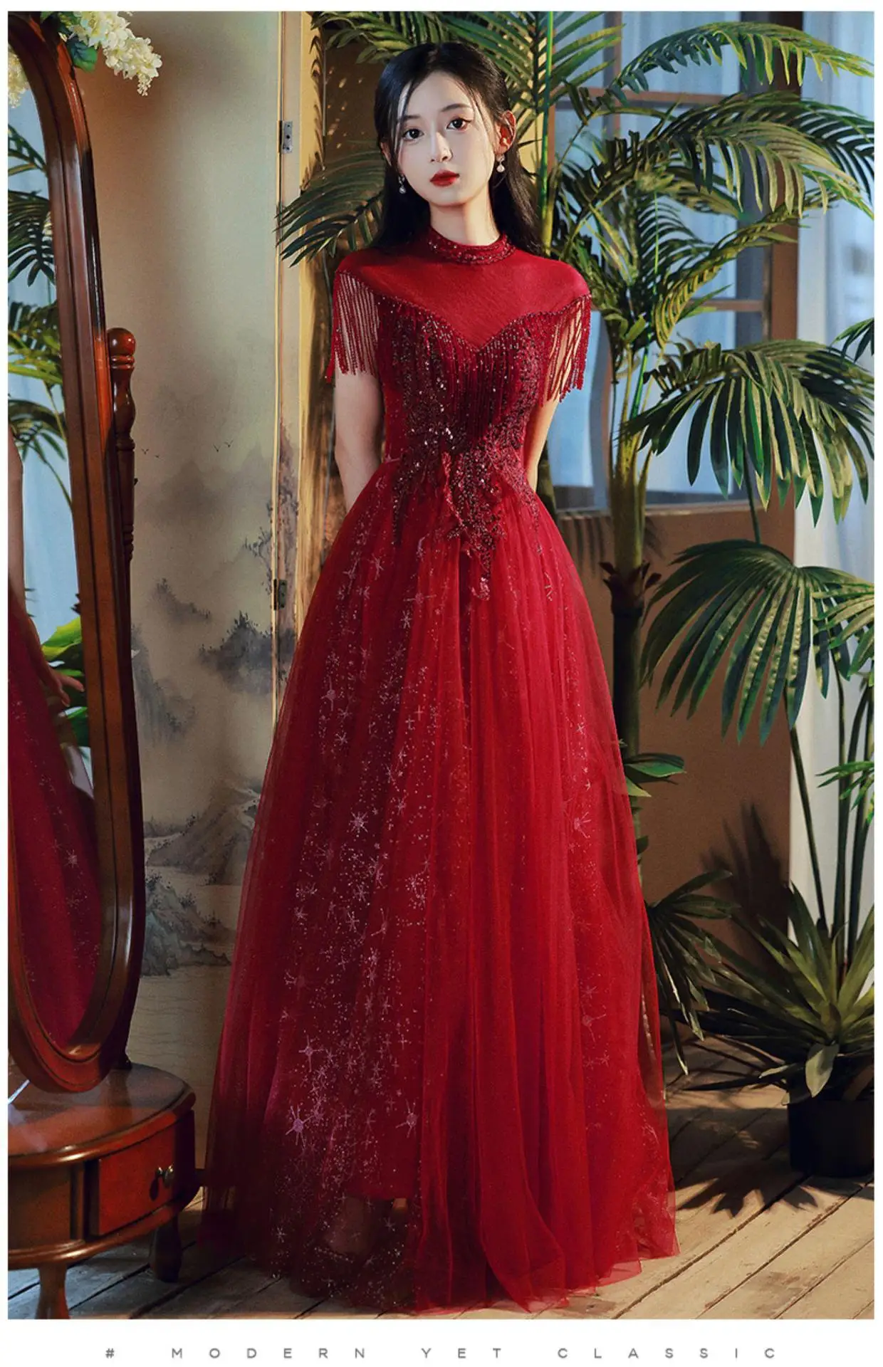 

Elegant Sexy Burgundy O-Neck Beaded Tassel A-Line Gowns Oriental Party Banquet Female Stage Show Dresses Cheongsam