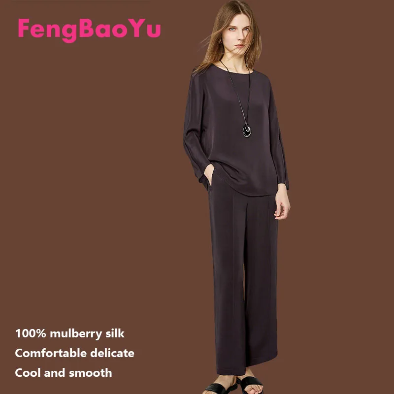 

Fengbaoyu 100% Natural Silk Women's Set - Long-Sleeved T-shirt and Pants - Stylish, Simple, Fashionable and Casual Clothing
