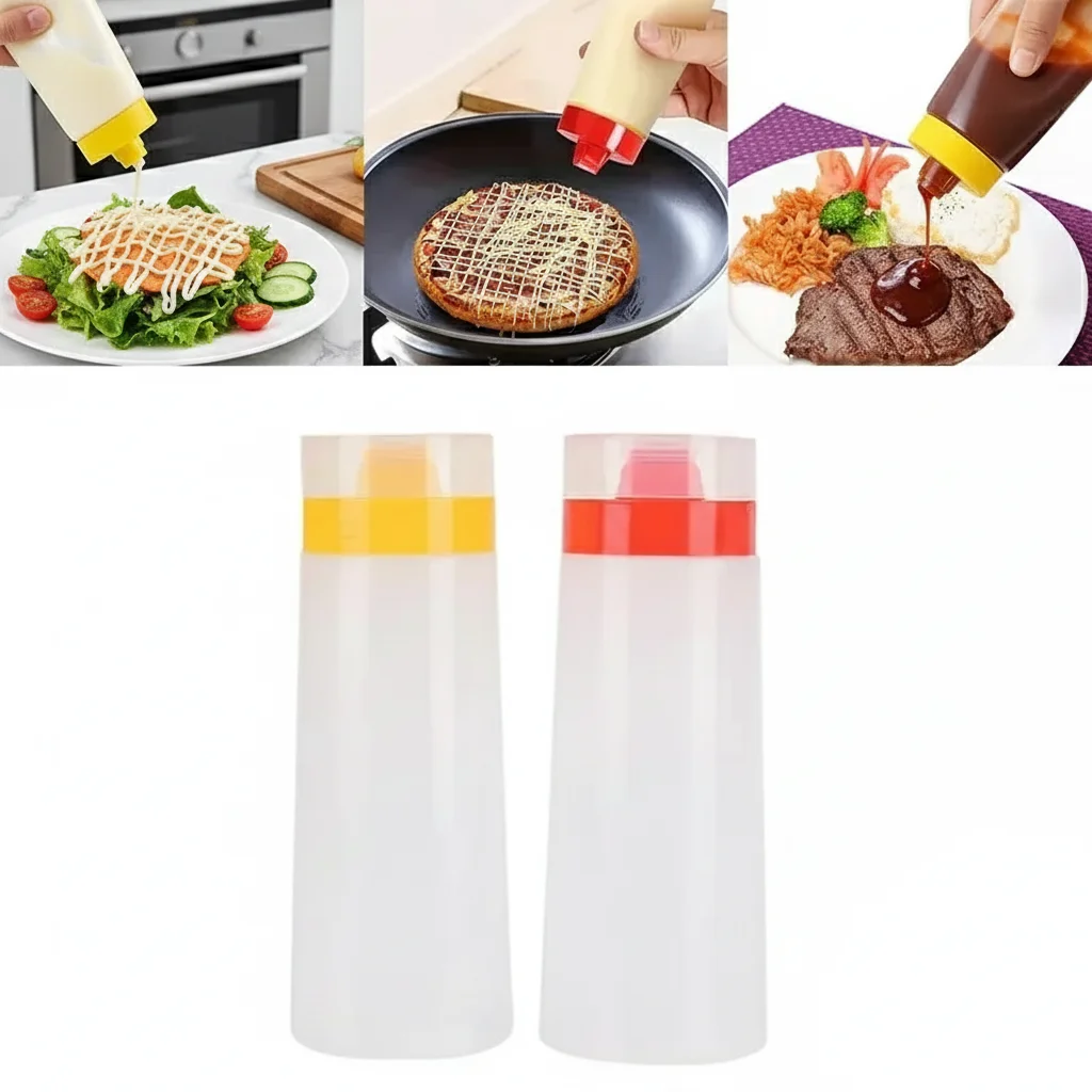 Four-Hole Salad Bottle Plastic Cruet Oil Pot with Lid Squeeze Dressing Sauce Bottle for Kitchen Use
