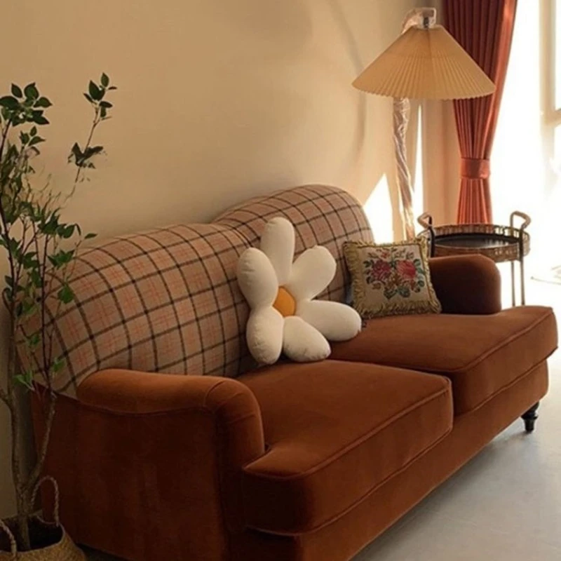 

Caramel color velvet matching bed and breakfast double small apartment simple retro plaid fabric sofa