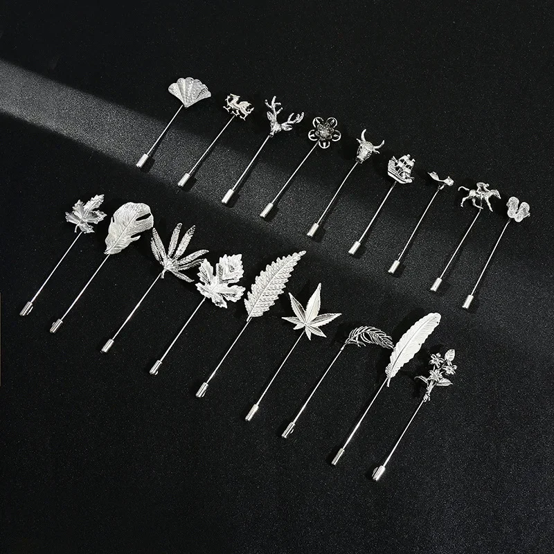 New Sliver Color Feather Leaf Brooch Korean Animal Long Needle Lapel Pins Men\'s Suit Shirt Corsage Fashion Jewelry Brooches