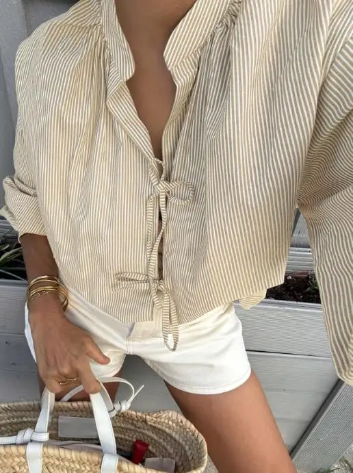 2025 أنيقة جديدة الخريف والشتاء مخطط الصدر التعادل الخامس الرقبة قميص غير رسمي وكسول بلايز الملابس النسائية #1