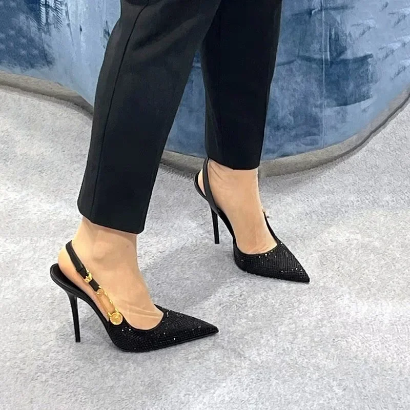 2025 New Spring/Summer Pointed Rhinestone High Heels, Women\'s Black Slim Heels, French Versatile, Sexy Hollow Headed Sandals