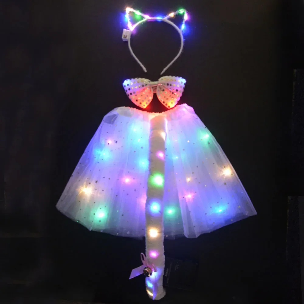 Kids Girl Women LED Glow Luminous Tutu Skirt Clothing  Party Cat Animal Ear Headband Tie Tail Fox  Anime  Halloween  Christmas