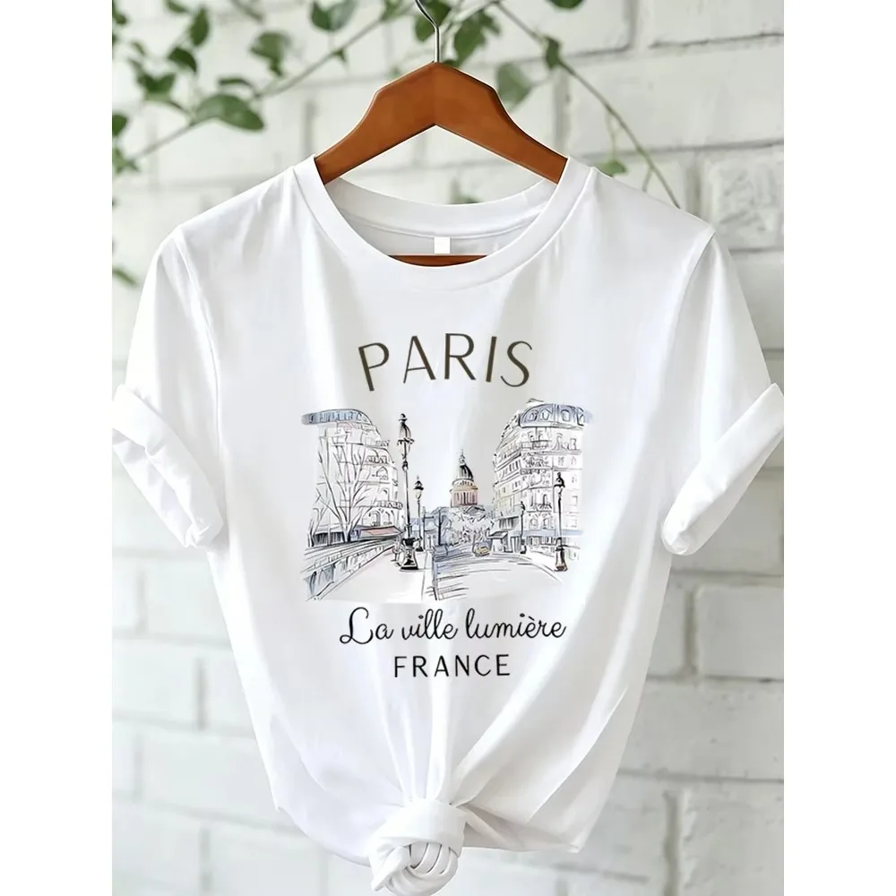 Asian Size 90s Paris Print Graphic Pure Cotton T‑shirt Women Crew Neck Short Sleeve Harajuku Streetwear Casual Summer Tops