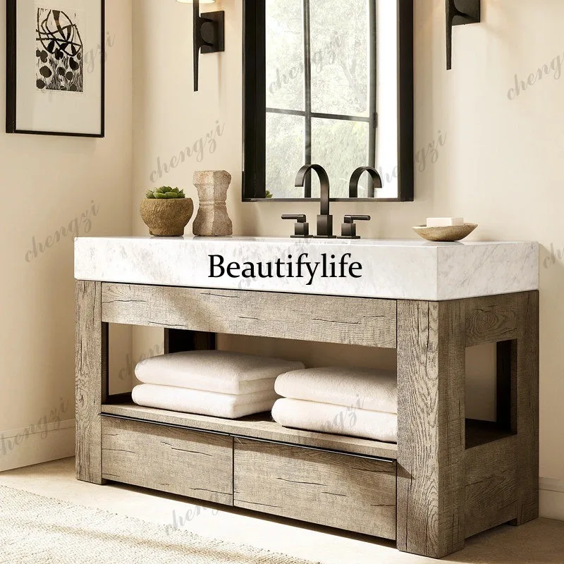Wabi sandy wind bathroom cabinet solid wood floor bathroom cabinet extreme poverty wind old custom sink