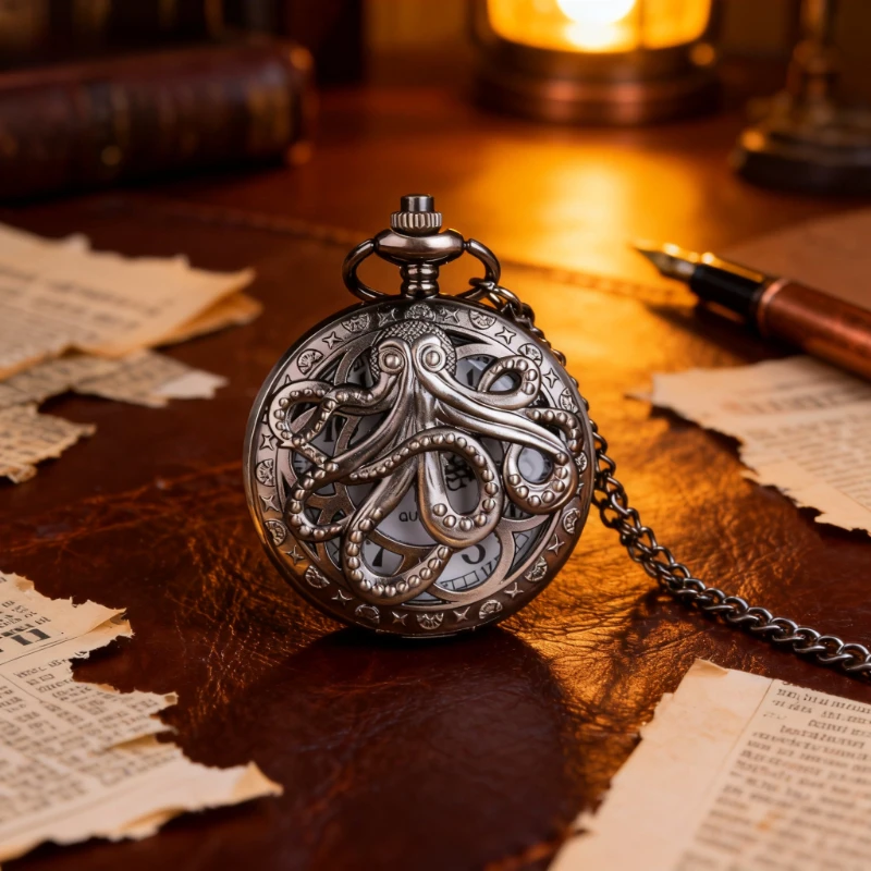 Reloj de bolsillo negro con diseño de pulpo Vintage, reloj con colgante de cadena de cuarzo, collar Retro, relojes para hombres, mujeres y niños, regalos únicos