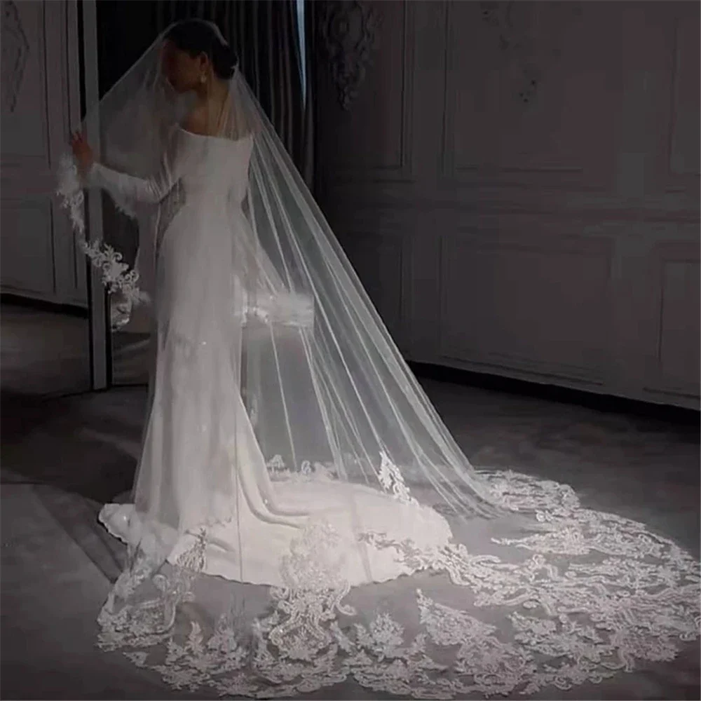 

1 Tier Bridal Veil Ivory White Cathedral Mantilla Wedding Veil Long Floral Embroidery Veil Soft Tulle Lace Scalloped Veils