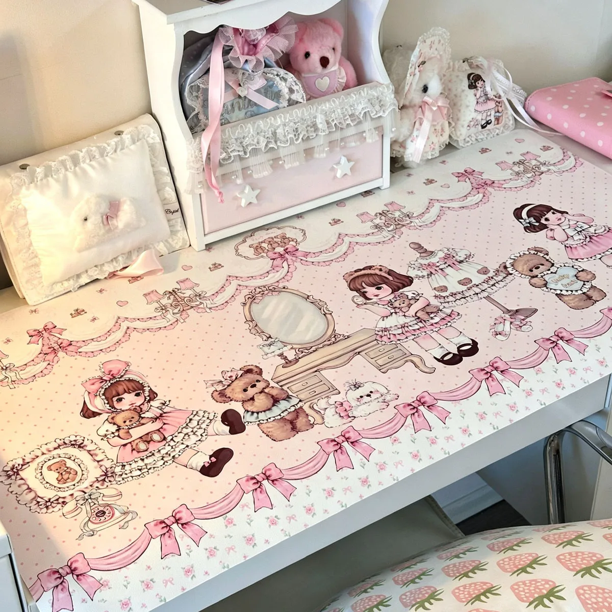 Polka Dots Floral Pink Girl Bear Leather Desk Pad Protector Mouse Pad Office Desk Mat Waterproof Non-Slip PU Desk Blotter Pad
