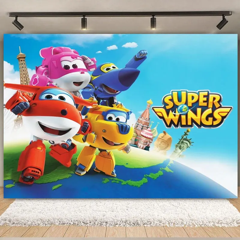 Super Wings Theme Birthday Party Backdrop Decoration Aircraft Banner Shoot Photo Boy Girl Gift Baby Shower Photography Props