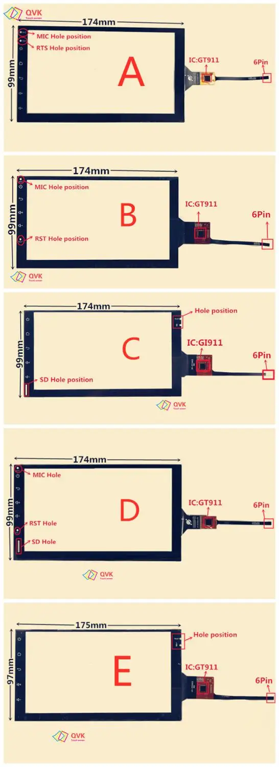 

QVK 7 inch GT911 174mm*99mm XCPG7.0-106 XC-019 FPC XCPG-013 FPC Digitizer DVD multimedia Touch screen panel 6pin