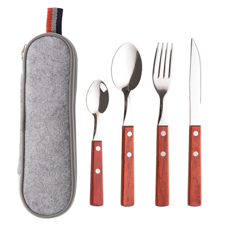 Mahogany Portable Stainless Steel Camping Picnic Cutlery Knife Fork Spoon Cutlery Travel Set