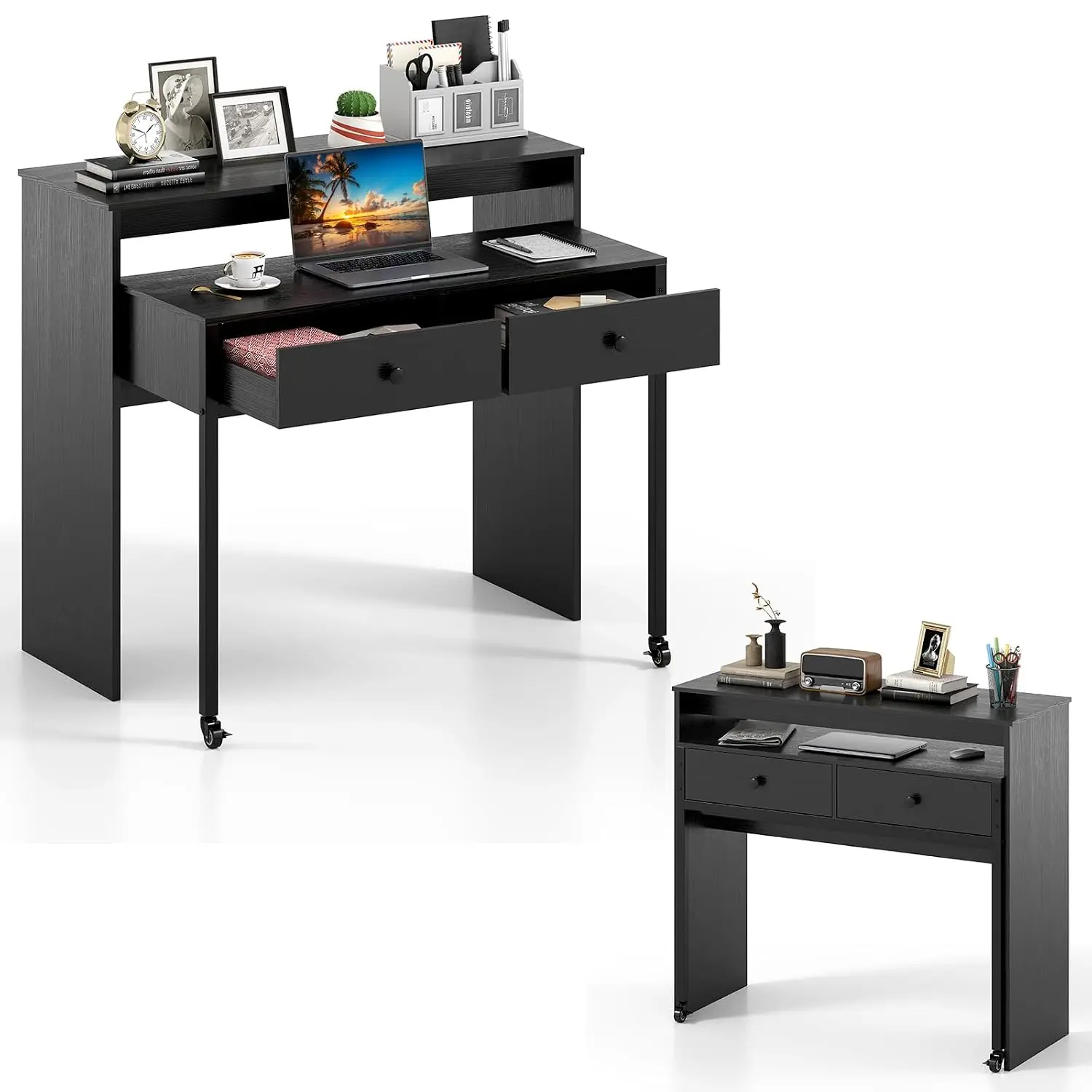 Small Computer Desk with Hutch, Extendable Desk with Pull Out Table, Monitor Stand & Wheels, Compact Desk , Customized