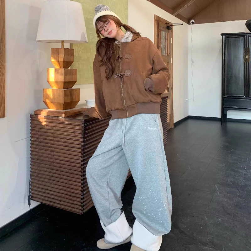 Vintage Design Star Pattern Lamb Wool Splicing Women's Pants Autumn Winter Versatile Fleece Lined Warm Wide-Leg Trousers Ladies