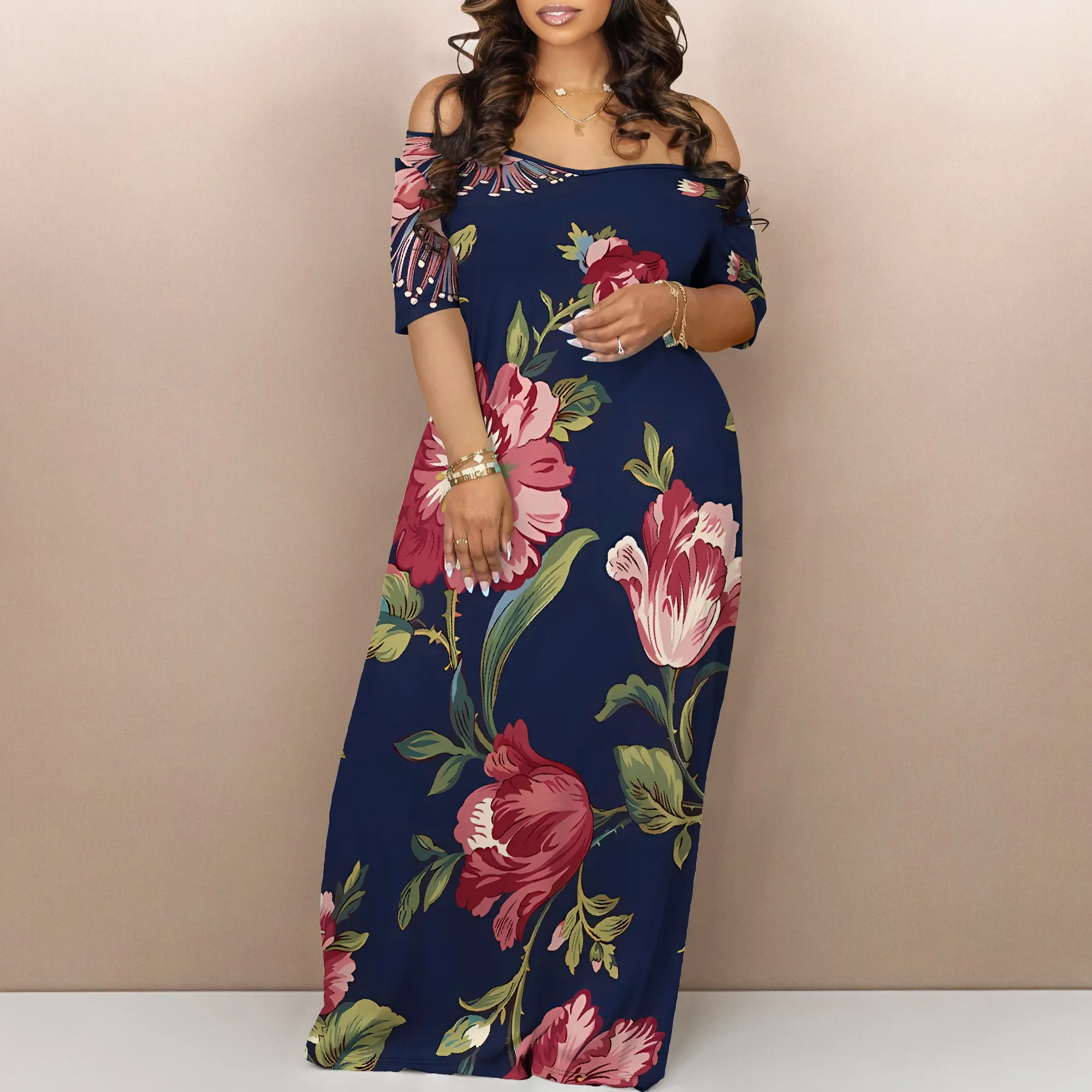 

Nupusa Floral Print Dress for Women Summer Casual Off - Shoulder Half Sleeve Maxi Dress
