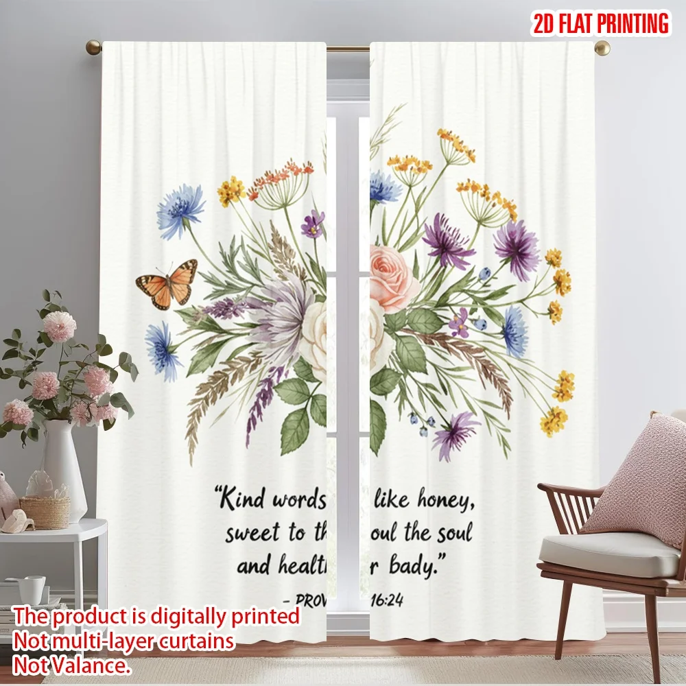 

2pcs 2D flat printing Party Window Curtains Floral Inspirational Scripture Verse Polyester Without Electricity Festive Wall