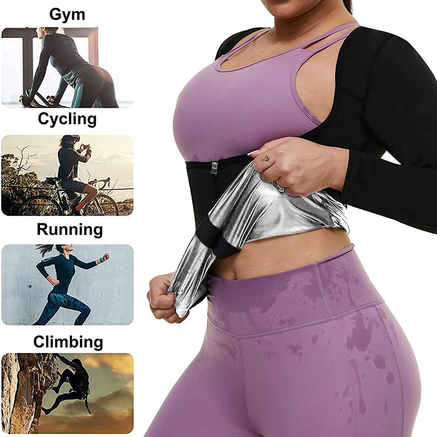 LISA SWEAT Sauna Suit for Women Sweat Body Shaper Hot Waist Trainer Long Sleeve Zipper Shirt Workout Top Silver