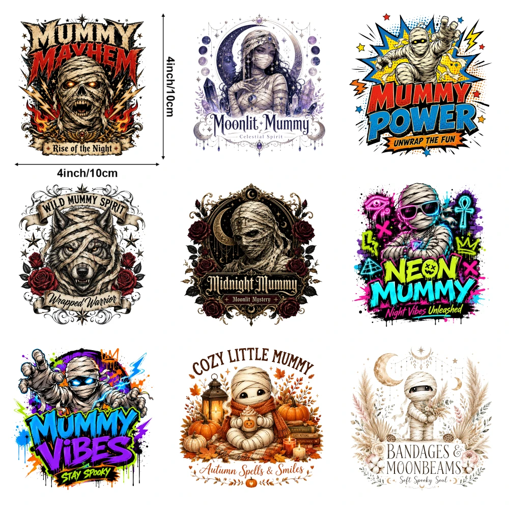 9 Pcs Mummy Designs Iron on Transfers for Clothing T-Shirt Jeans Washable Heat Transfer Stickers