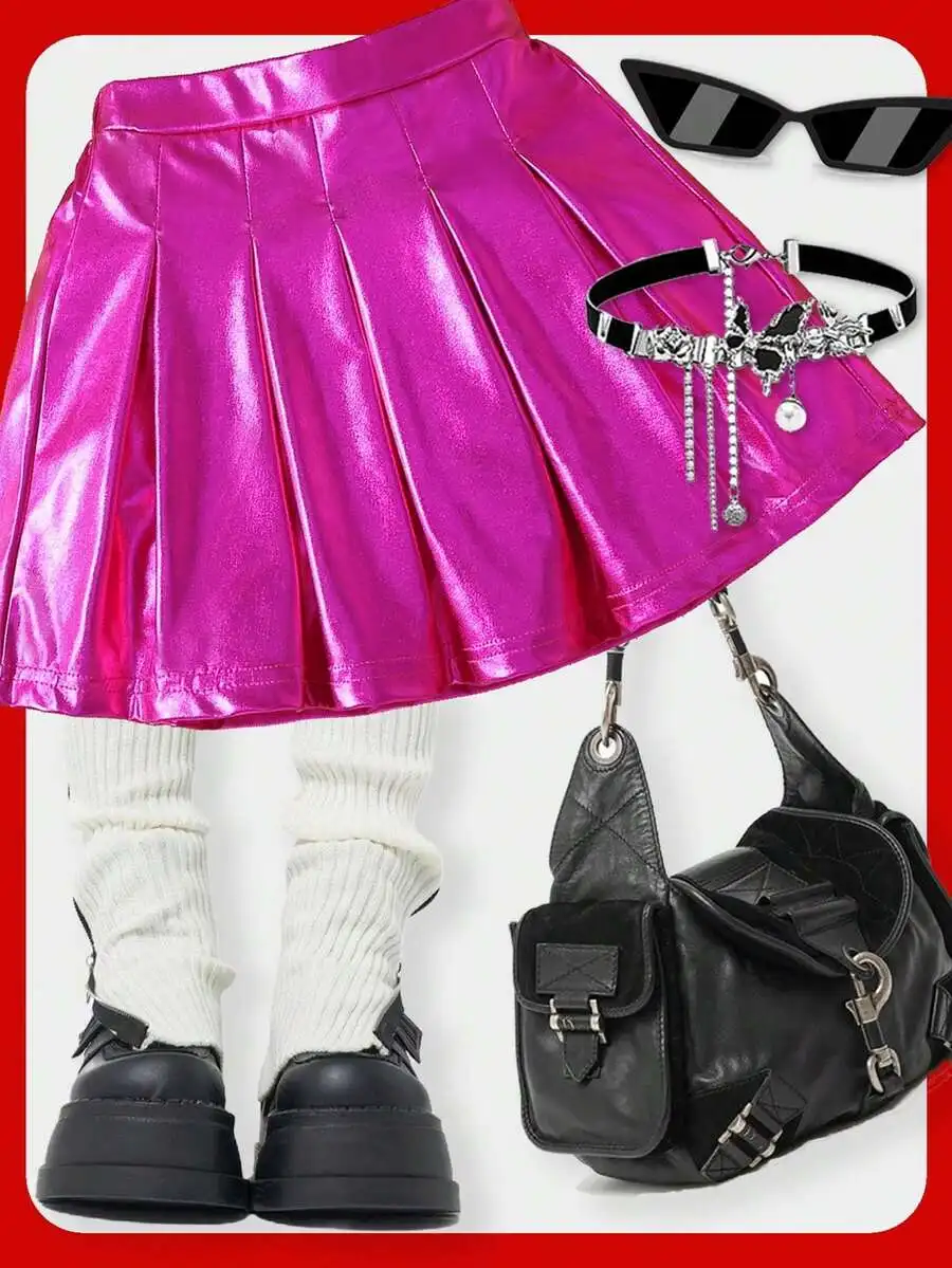 

Shiny Fuchsia Pleated Skirt with Metallic Finish for Teens