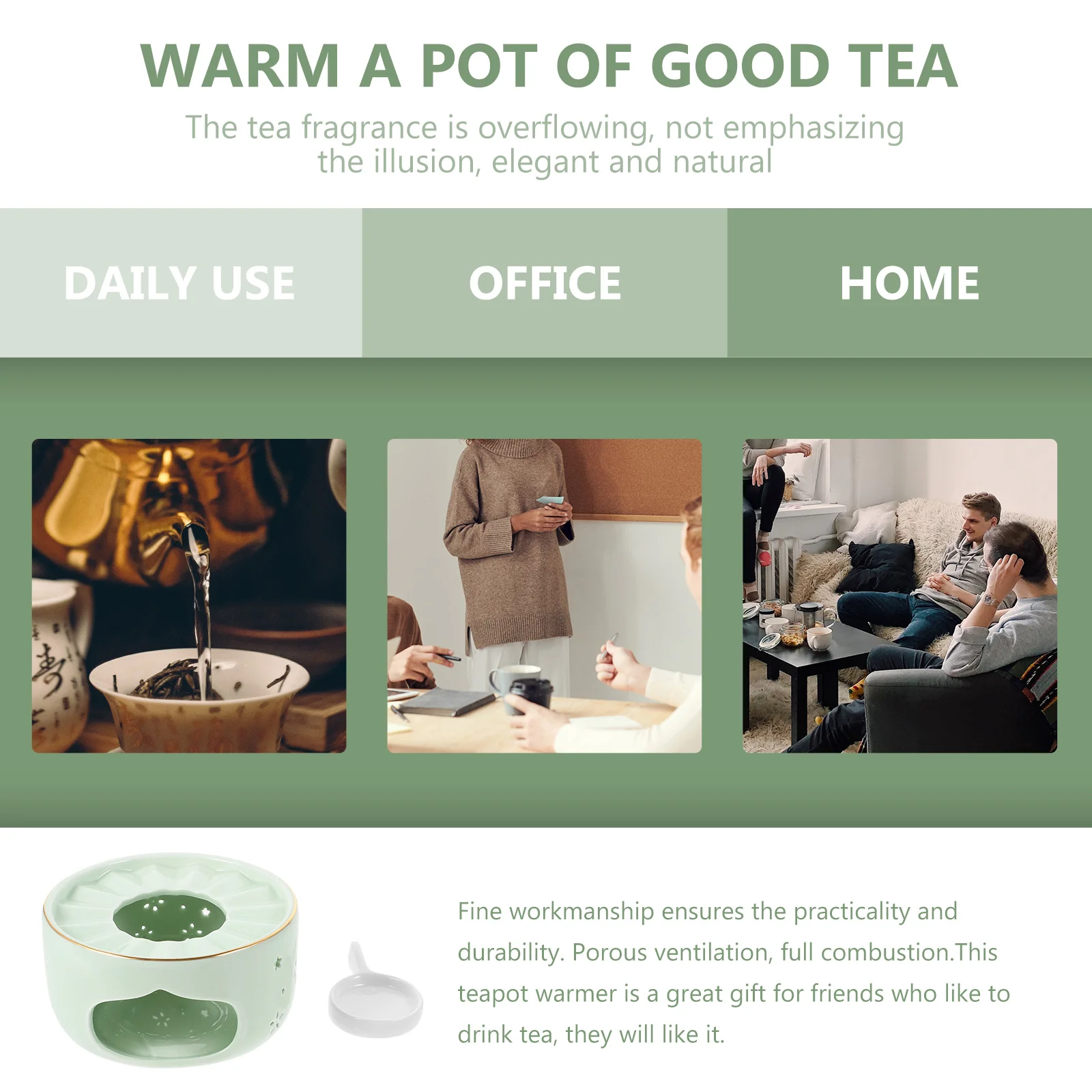 

1Set Light Green Ceramic Tea Warmer Heat Resistant Hollow Out Design Smooth Surface Retro Style Porous Ventilation Full