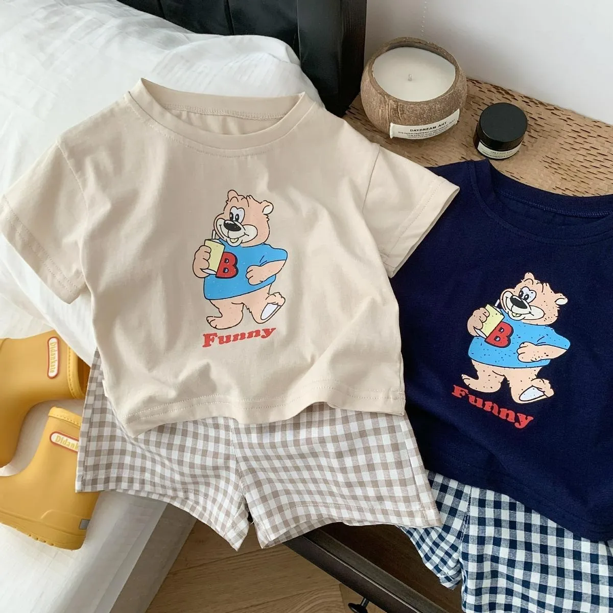 Short Sleeve Tshirt+Plaid Shorts 2 Piece/Set Kids Cartoon Print Short Sleeve Tracksuits For Boys And Girls Cute Summer Clothing