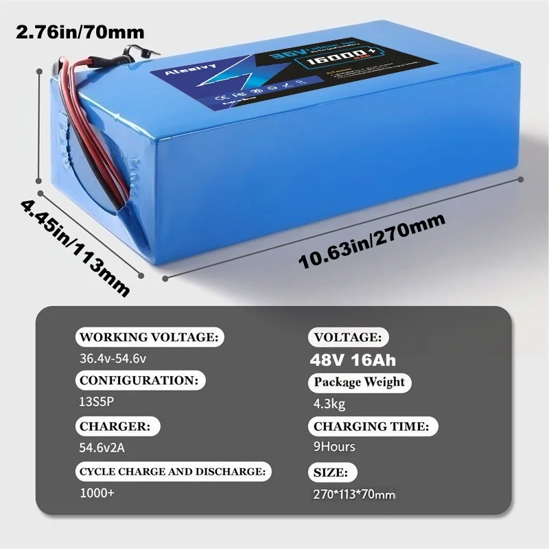 Langstrecken-Lithium-Ionen-Akku 48V 20Ah 16Ah 10Ah - Aleaviy PVC 18650 Lithium-Akku-Pack mit Ladegerät und 30A BMS für Fahrrad/Scooter – Detail 3