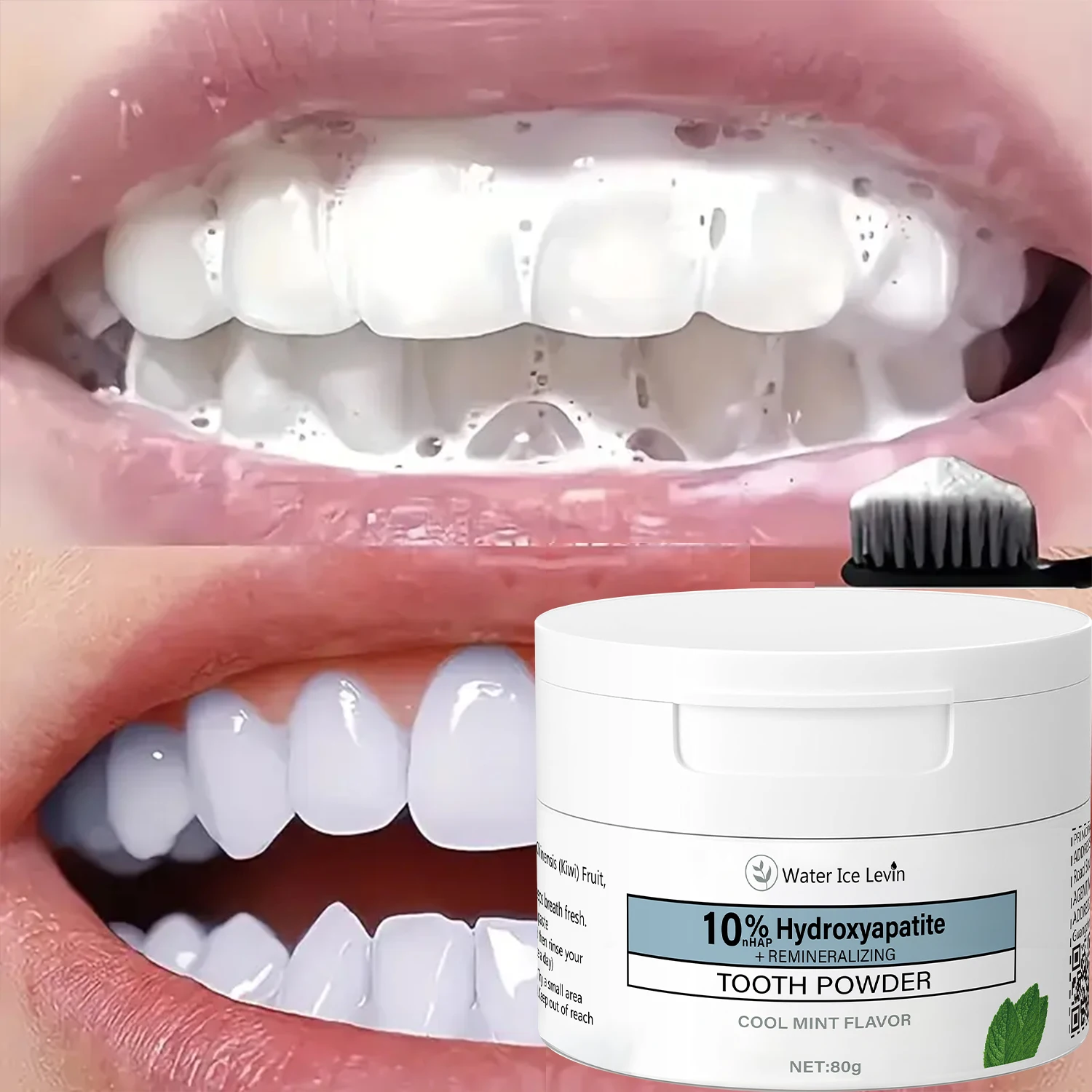 10% Hydroxyapatite Tooth Powder 80g: Cleans Teeth, Freshens Breath, Cool Mint Flavor, with Hyaluronic Acid & Natural Extracts