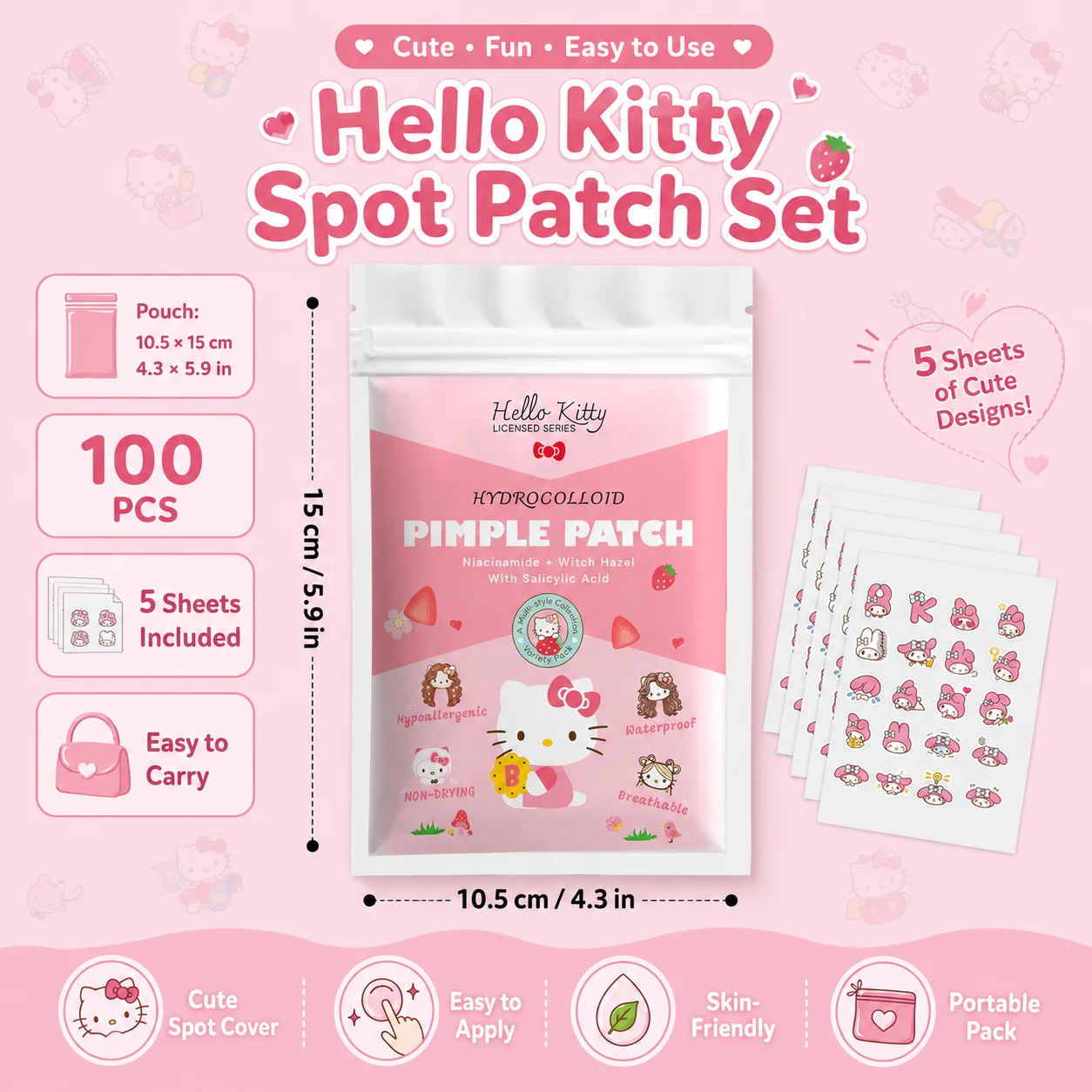 100PCS hello kitty Acne patches, facial acne patches, hydrogel acne removal patches, concealer