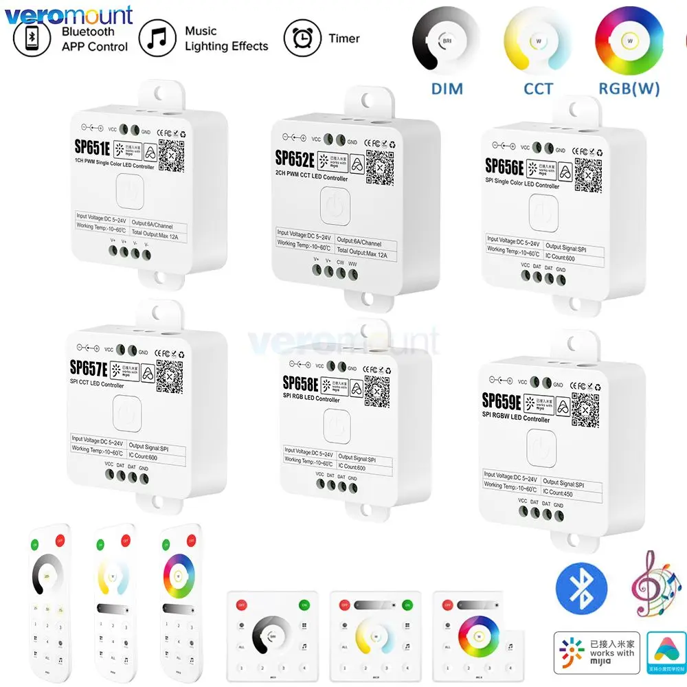 

SP651E SP652E PWM SPI CCT RGB RGBW Bluetooth светодиодный контроллер музыка DC 5V 12V 24V Zone RF 2,4G Дистанционное Голосовое управление Mijia Xiaoai